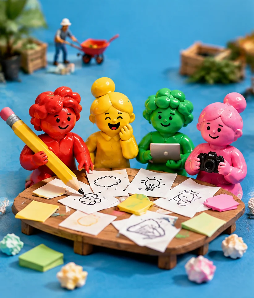The four clay figurines brainstorming around a table covered in sketches and sticky notes.