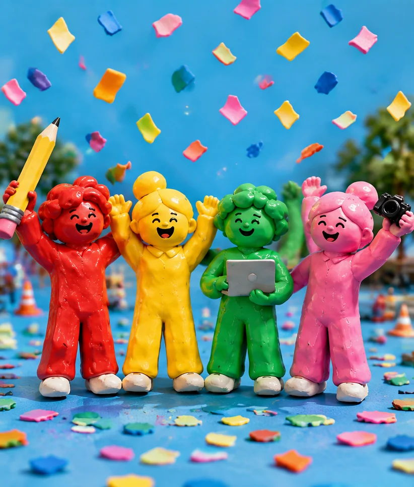 The four figurines cheering with their arms up as confetti rains down at a launch.