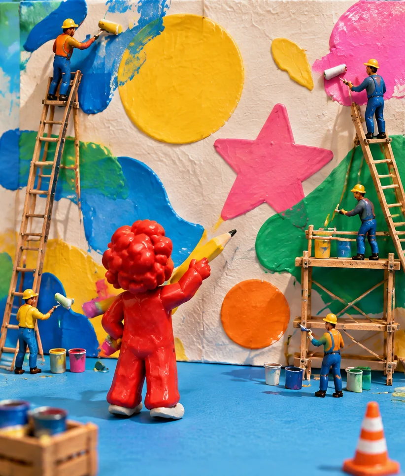 The red figurine directing tiny builders on ladders as they paint a giant colorful mural.