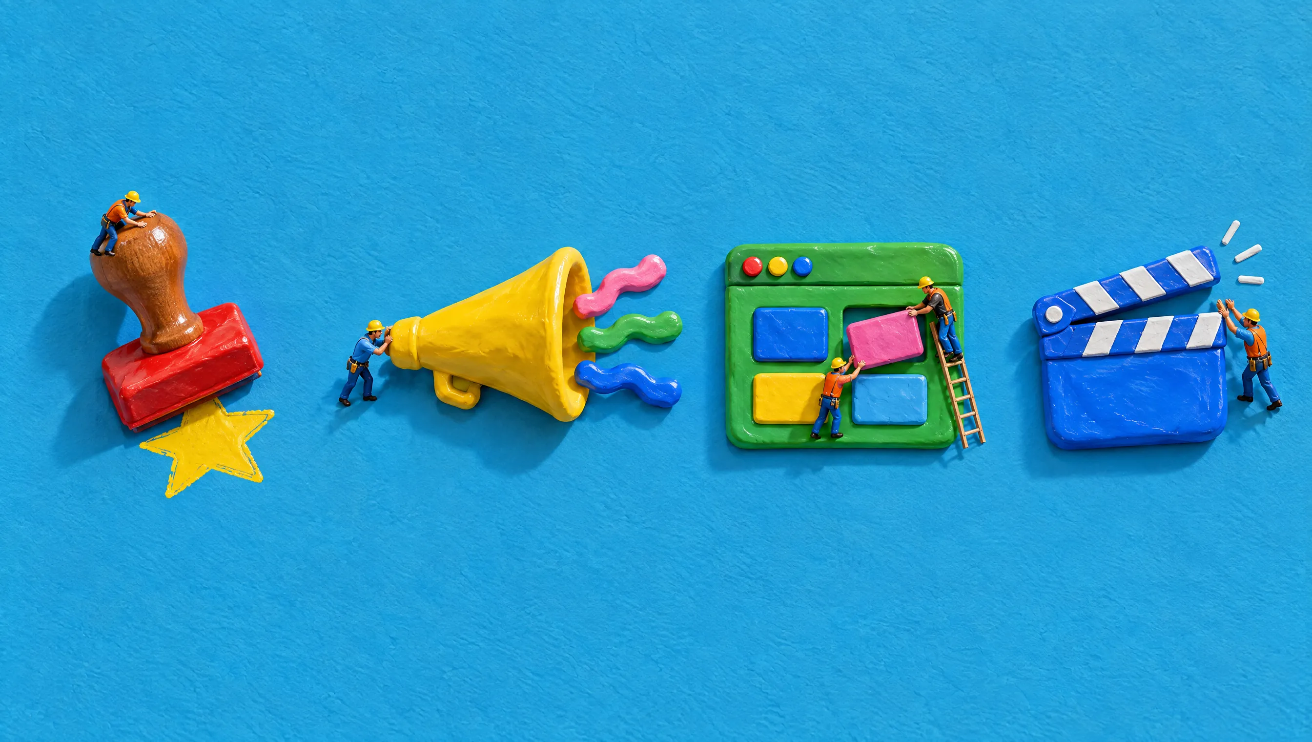 Four clay objects in a row, a rubber stamp with a star, a yellow megaphone, a green browser window and a blue clapperboard, each worked on by tiny builders.