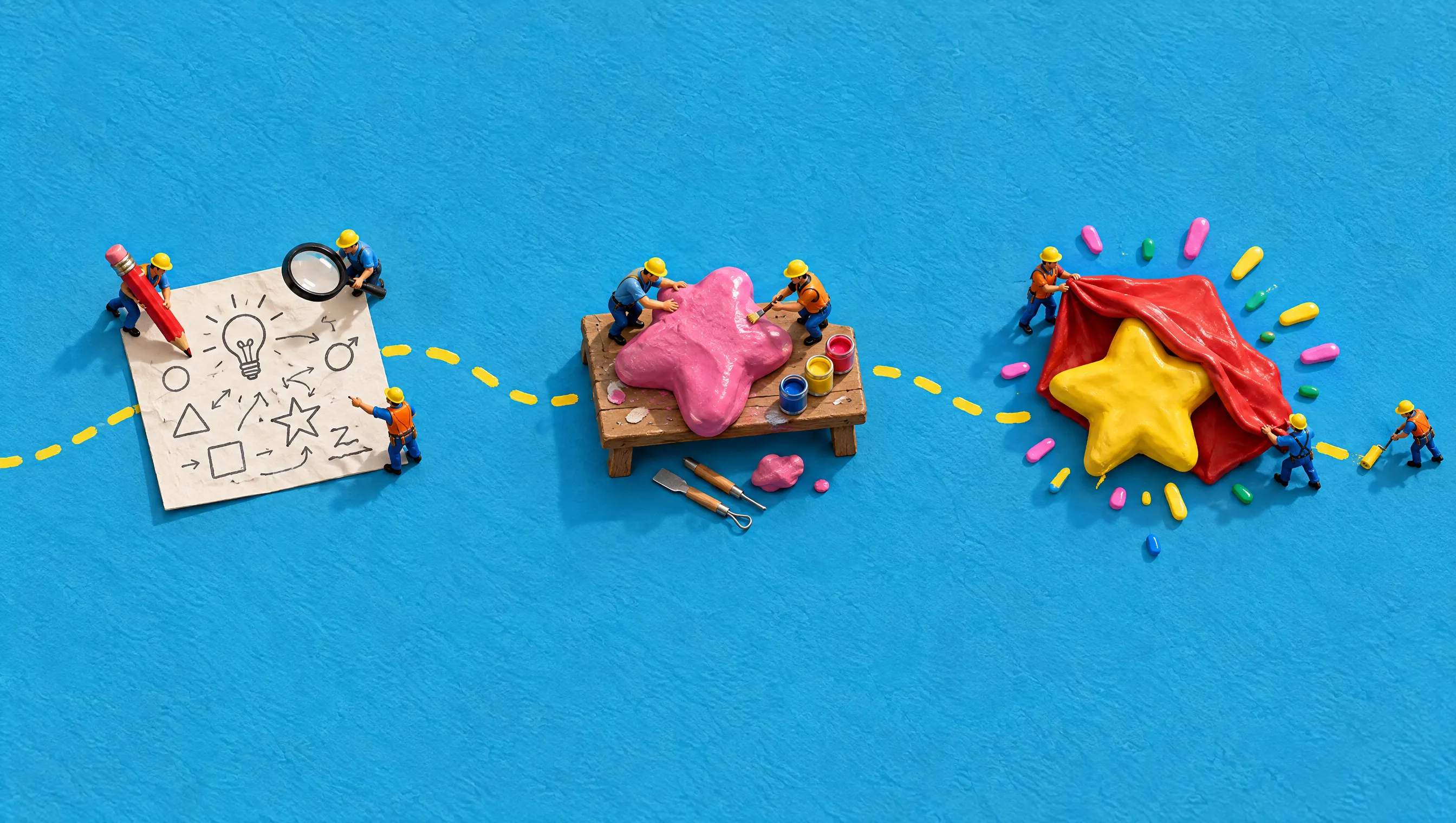 A dotted yellow path linking three scenes: builders sketching ideas on paper, sculpting a pink clay star on a workbench, and unveiling a finished yellow star under a red cloth.