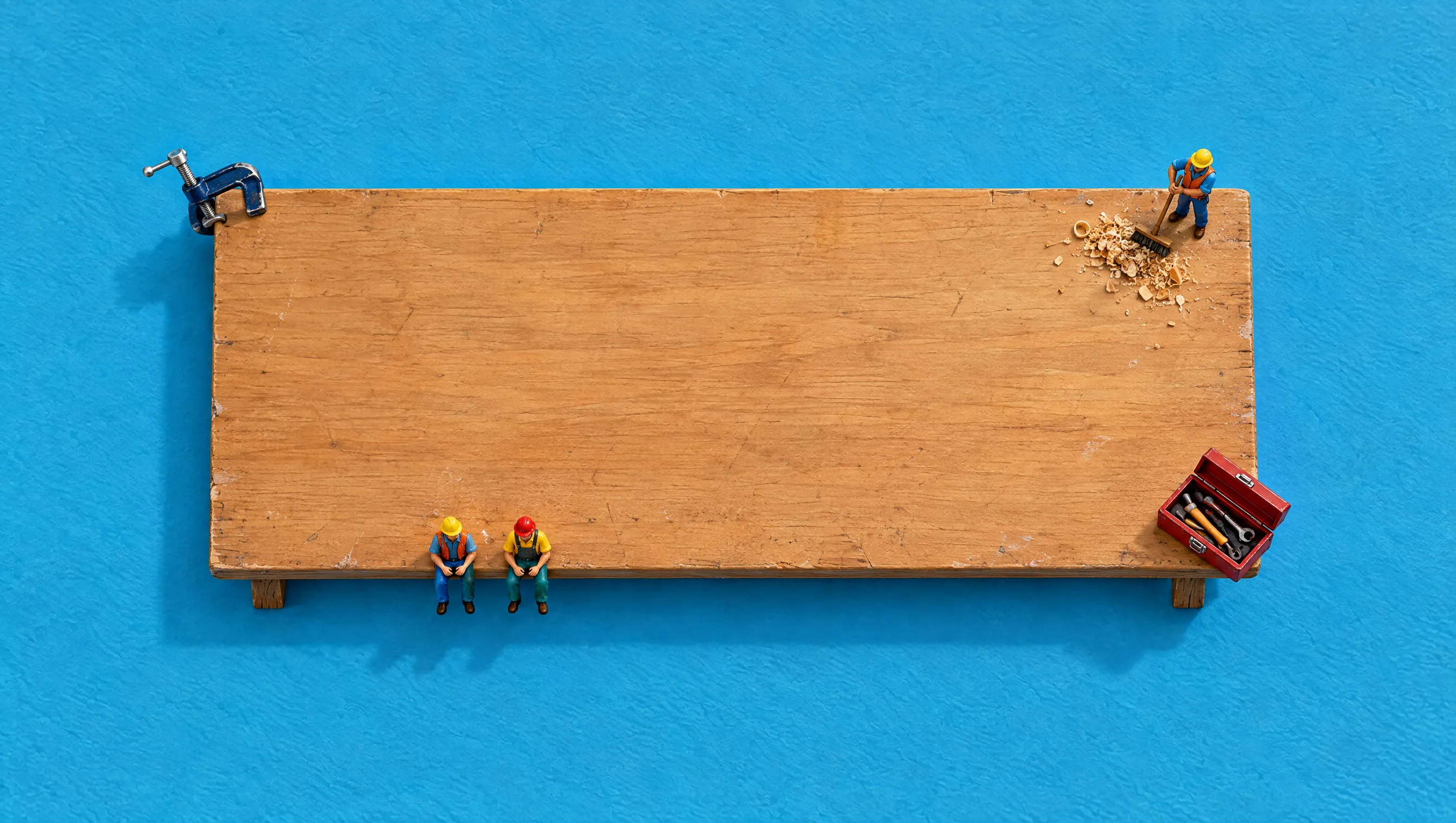 A big empty wooden workbench with a clamp, a sweeping builder, a red toolbox and two builders sitting on the edge.