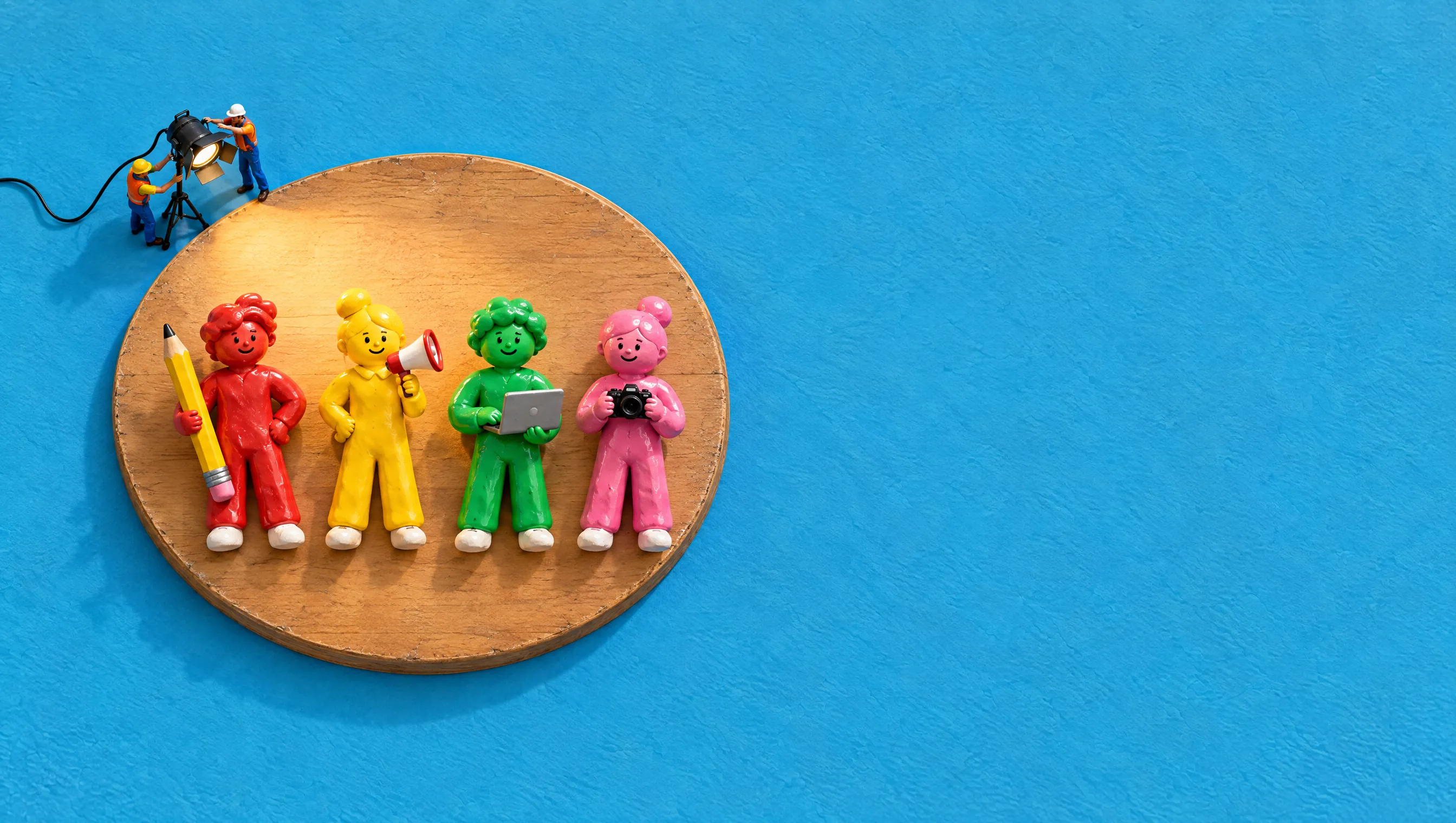 Four clay figurines on a round wooden stage under a spotlight: red with a pencil, yellow with a megaphone, green with a laptop and pink with a camera.