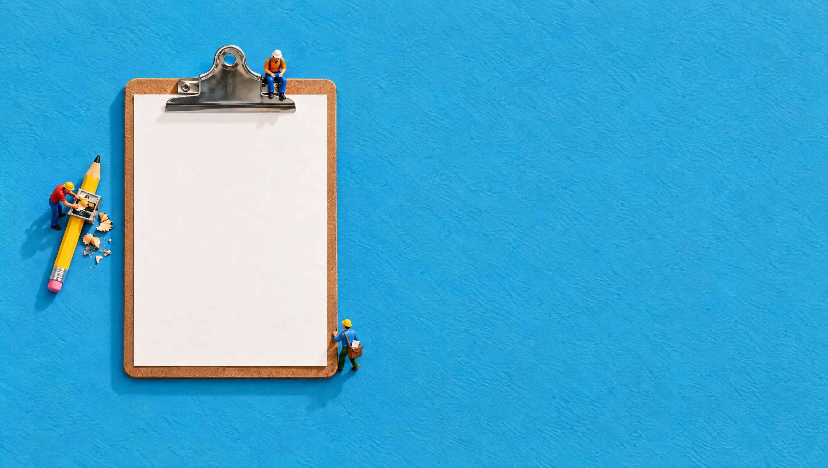A blank clipboard on blue paper, with a builder sitting on the clip, another sharpening a giant pencil and a mail carrier waiting by the corner.