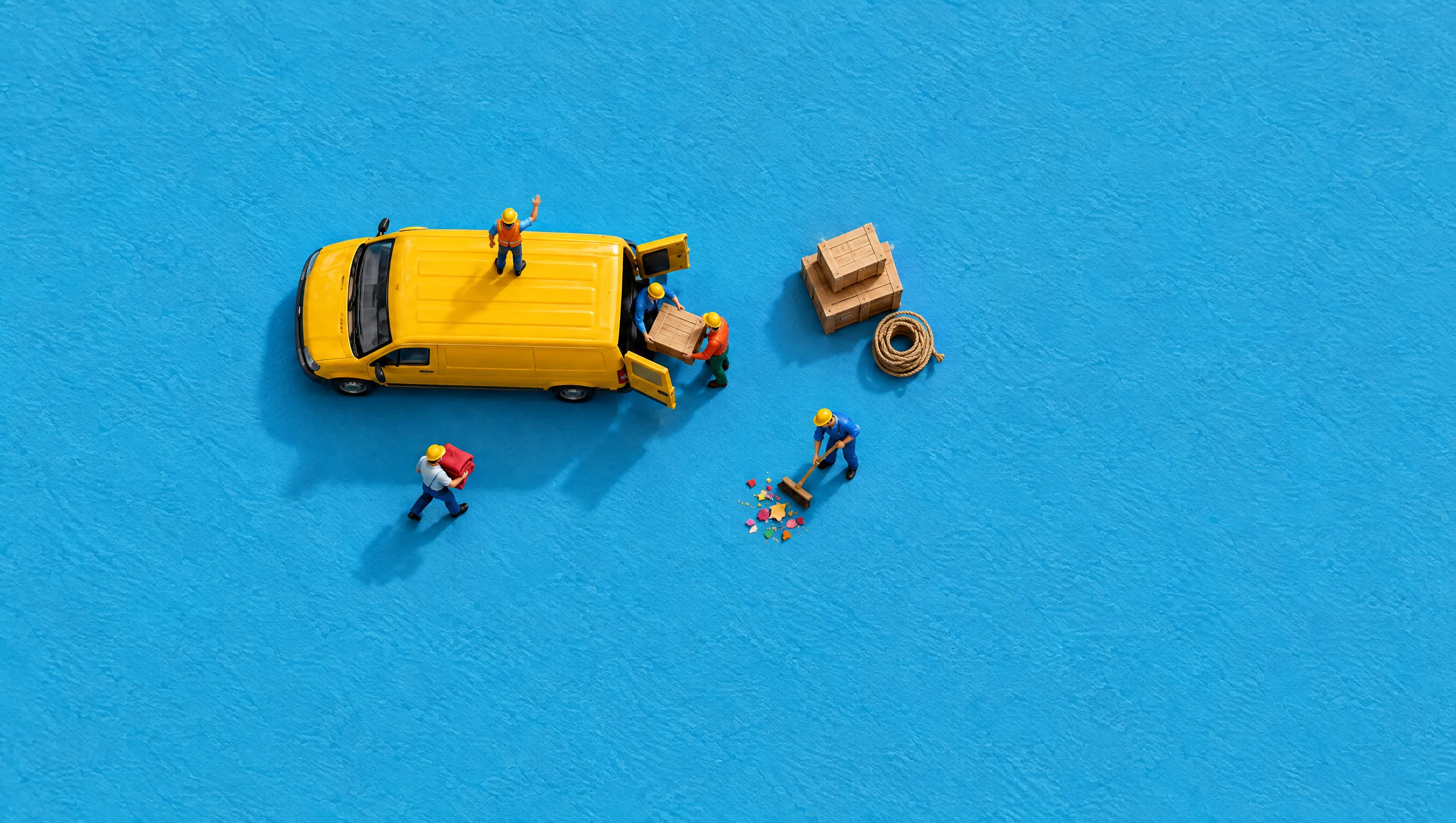 The crew packing boxes into a yellow van, one waving from the roof and another sweeping up confetti.